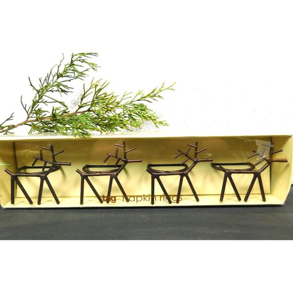 Rustic Reindeer Christmas Napkin Rings TAG Metal 4 Pc. Set Unused in Box - Picture 1 of 6